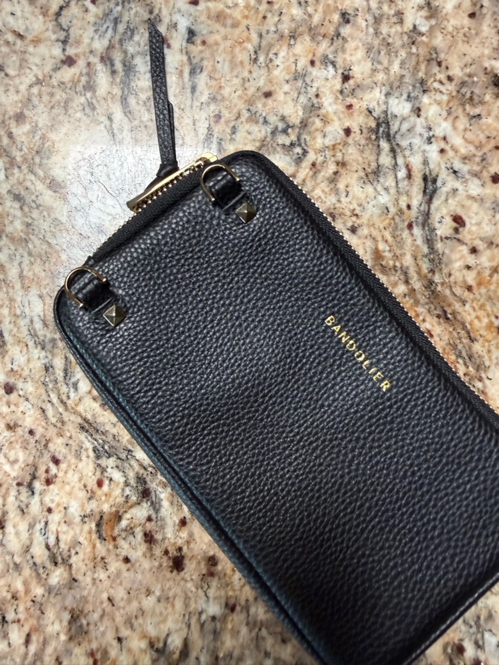 Bandolier Black Leather Expanded Zip add on Pouch with Gold Accents